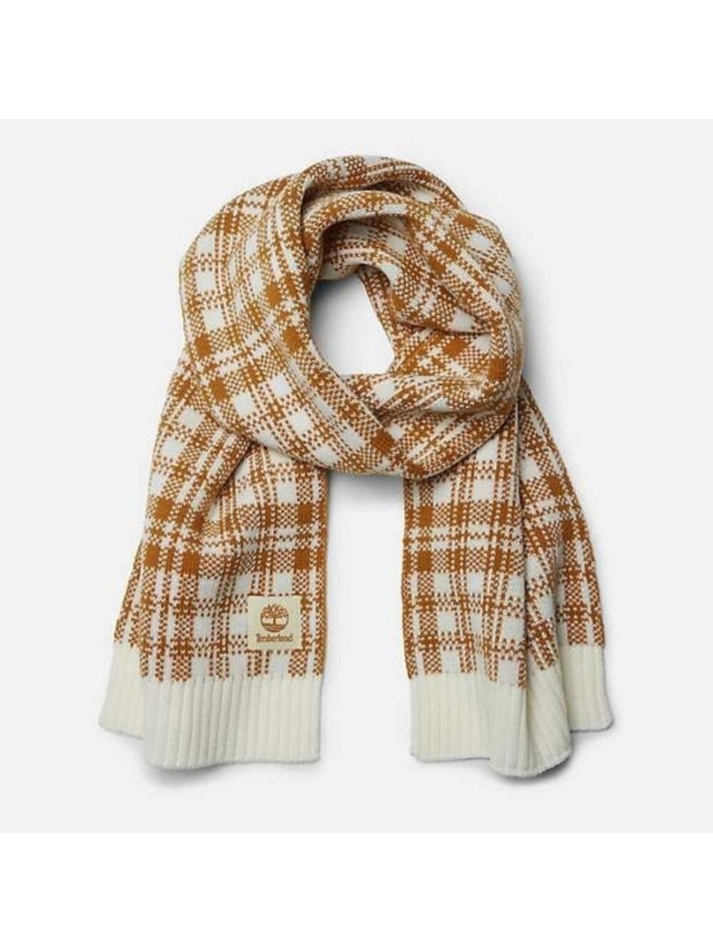 New Timberland Buffalo Plaid Knit Scarf Tan White Warm Winter Cozy Preppy